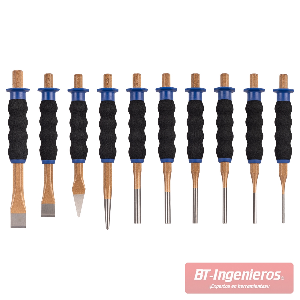Juego de 10 botadores cinceles y granete con empuñadura protectora
