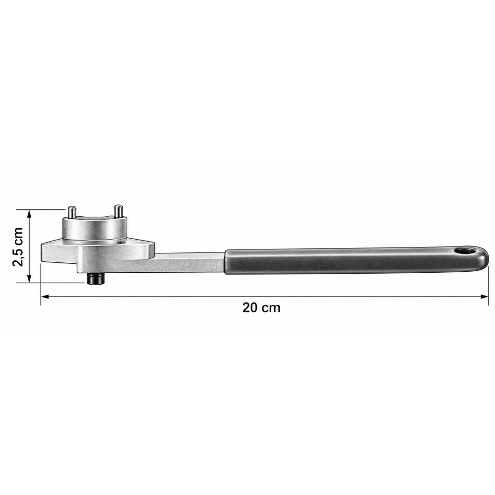 Vista lateral de la llave tensora VAG con longitud total de 20 cm y altura de cabezal de 2,5 cm.