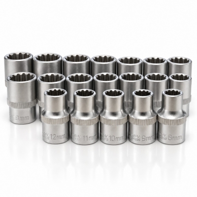 Juego de 19 vasos universales multiperfil con acabado metálico y perfil interior multidiente