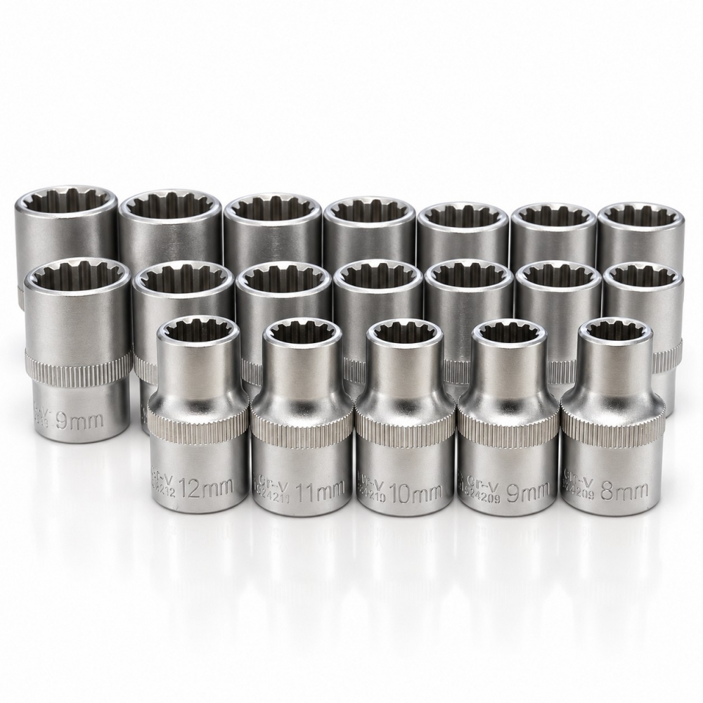Juego de 19 vasos universales multiperfil con acabado metálico y perfil interior multidiente
