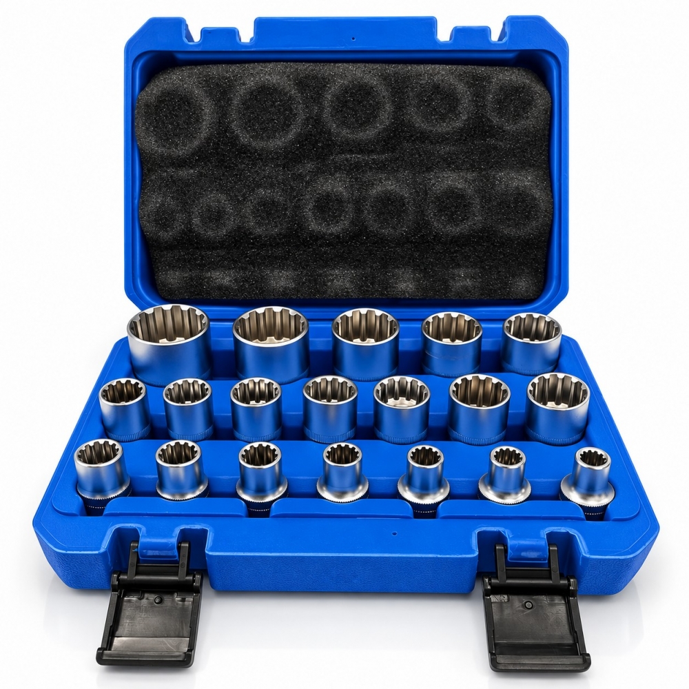 Juego de 19 vasos multiperfil de 1/2" ordenados por medidas en maletín azul abierto