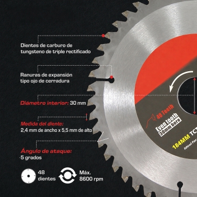 Detalle técnico del disco TCT de 184 mm con dientes de carburo, ranuras de expansión y medidas indicadas