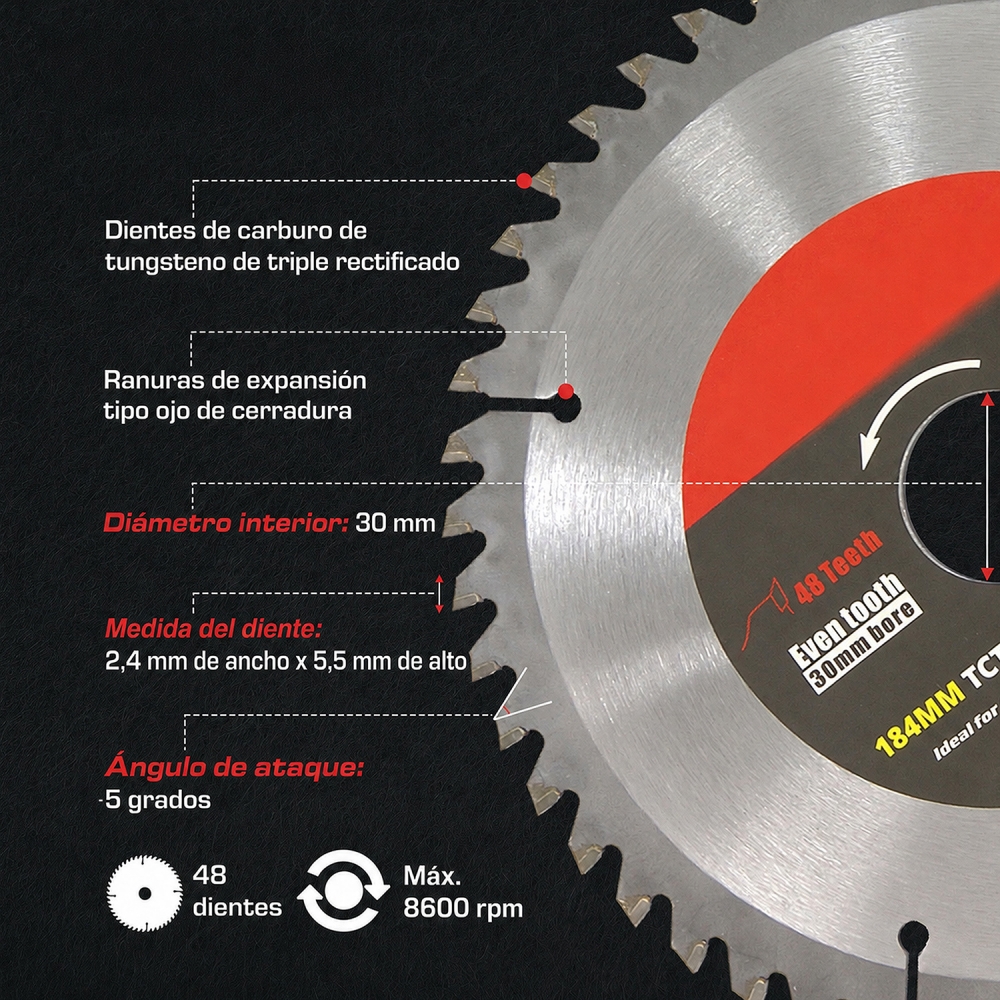 Detalle técnico del disco TCT de 184 mm con dientes de carburo, ranuras de expansión y medidas indicadas