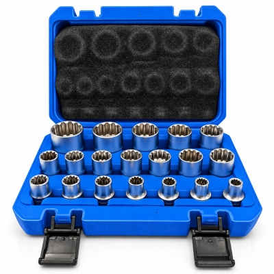 Juego de 19 vasos multiperfil de 1/2" ordenados por medidas en maletín azul abierto