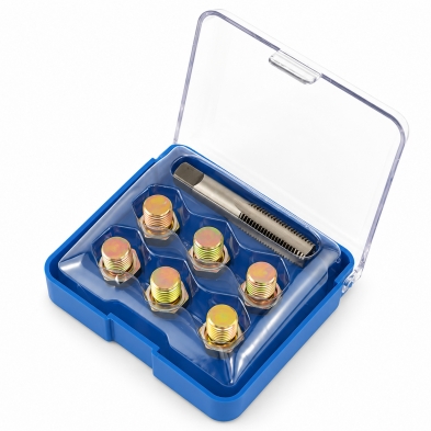 Kit reparador de rosca de tapón de cárter M13 x 1,5 con macho, 6 tapones y estuche azul