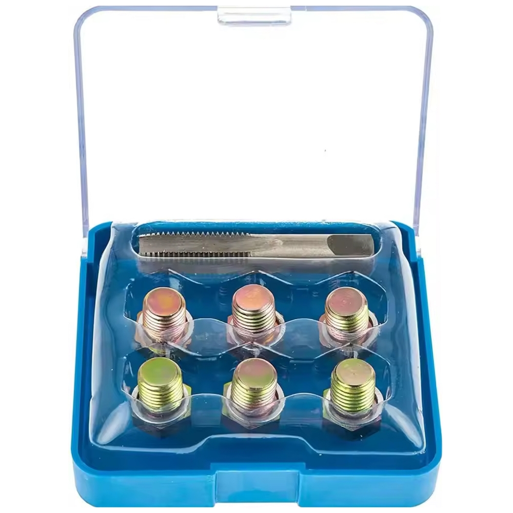 Kit reparador de roscas de cárter M15 x 1,5 con macho y 6 tapones presentado en caja azul