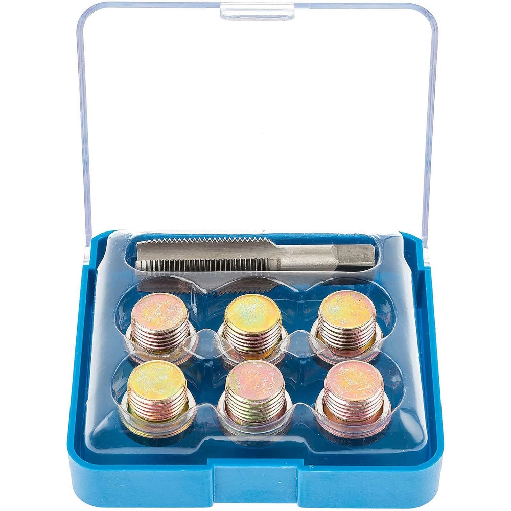 Kit reparador de roscas de cárter M17 x 1,5 con macho, 6 tapones y arandelas en caja azul
