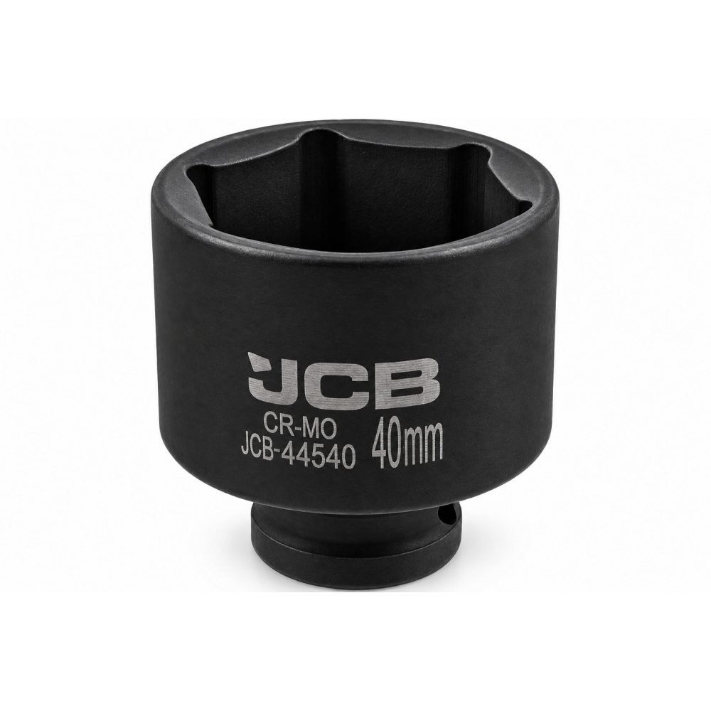 Vaso de impacto JCB de 40 mm en acero Cr-Mo con perfil hexagonal de 6 caras y acabado negro.