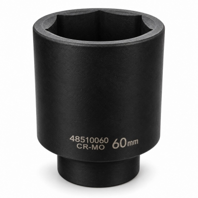 Vaso de impacto largo de 60 mm en acero Cr-Mo con perfil hexagonal de 6 caras y acabado negro.
