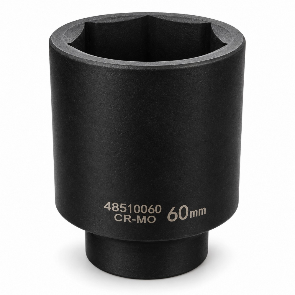 Vaso de impacto largo de 60 mm en acero Cr-Mo con perfil hexagonal de 6 caras y acabado negro.
