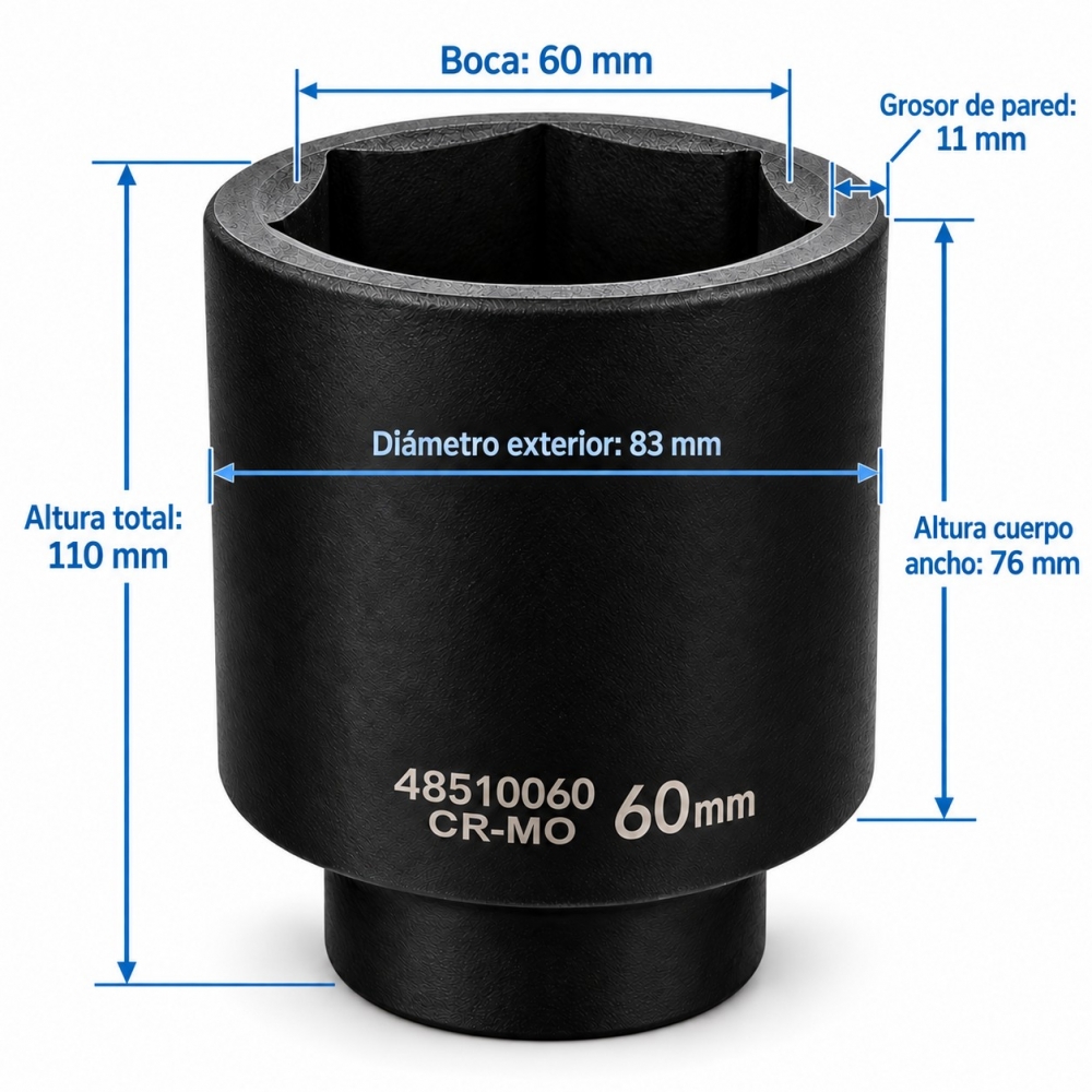 Medida de la llave de vaso de impacto largo de 60 mm en acero CROMO MOLIBDENO con perfil hexagonal de 6 caras.