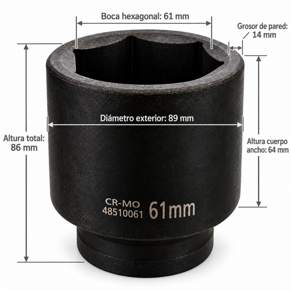 Medida de la llave de vaso de impacto largo de 61 mm en acero CROMO MOLIBDENO con perfil hexagonal de 6 caras.