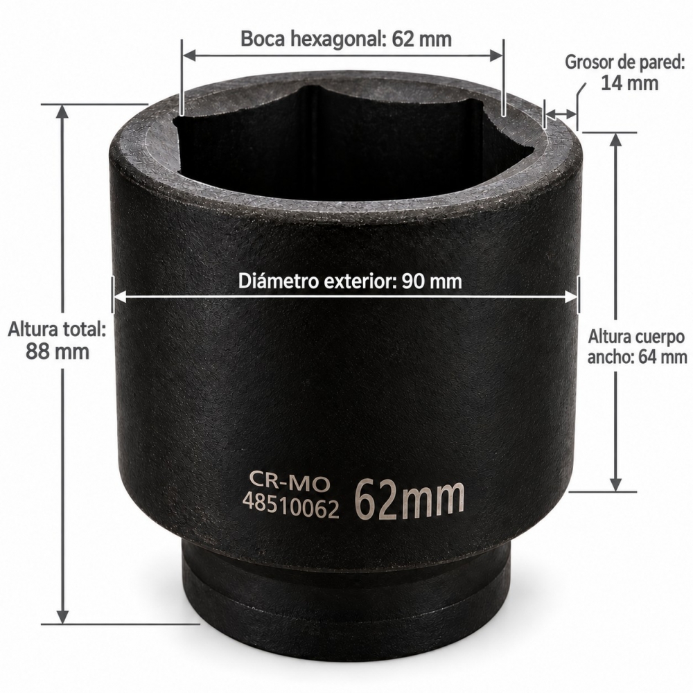 Medida de la llave de vaso de impacto largo de 62 mm en acero CROMO MOLIBDENO con perfil hexagonal de 6 caras.
