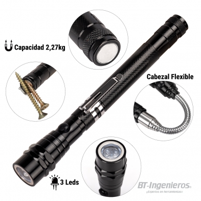 Linterna telescópica flexible de 3 LED con base magnética hasta 2,27 kg