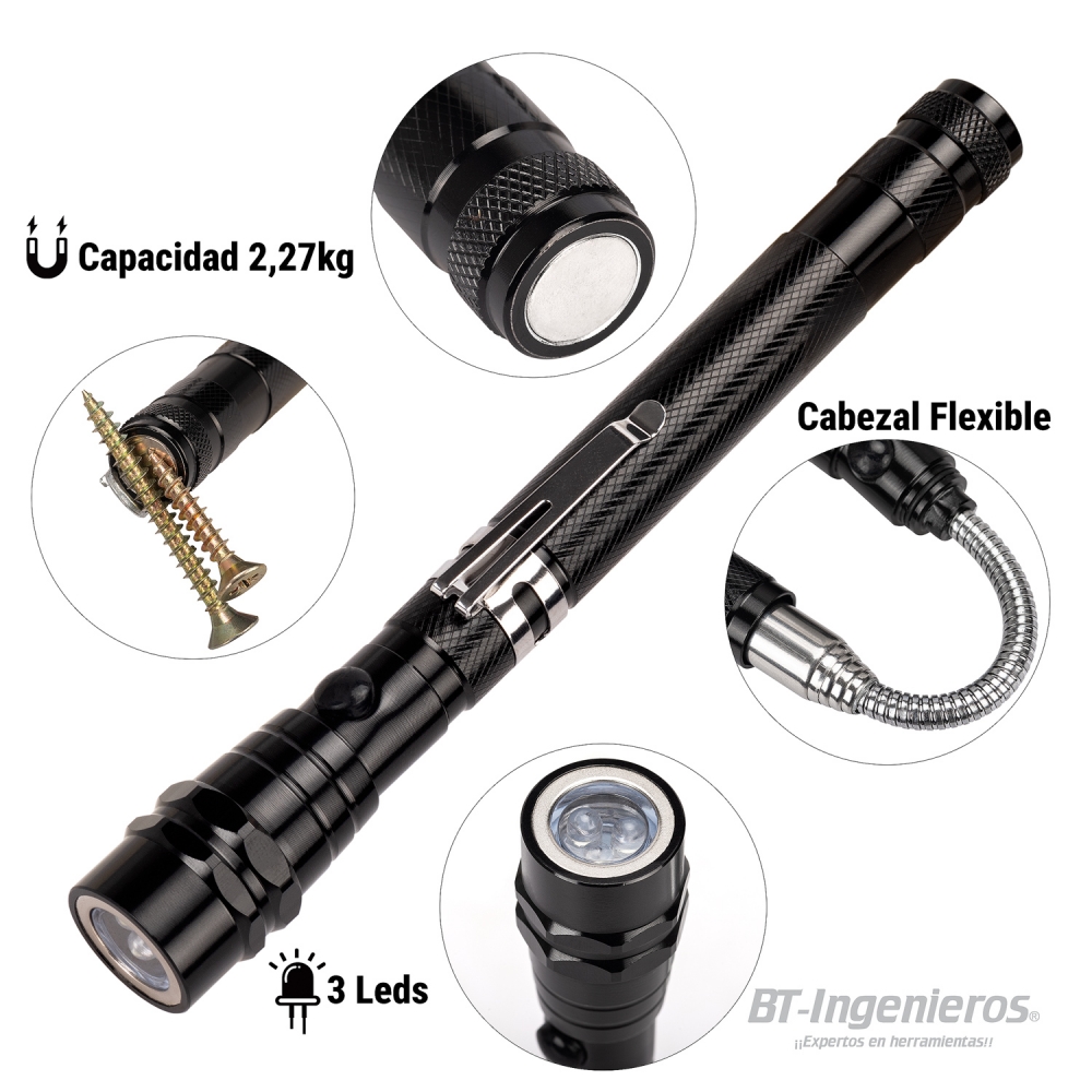 Linterna telescópica flexible de 3 LED con base magnética hasta 2,27 kg