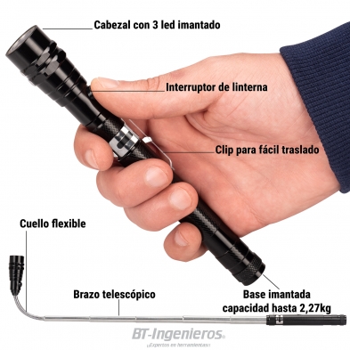 Detalle de linterna telescópica 3 LED con cuello flexible y base magnética