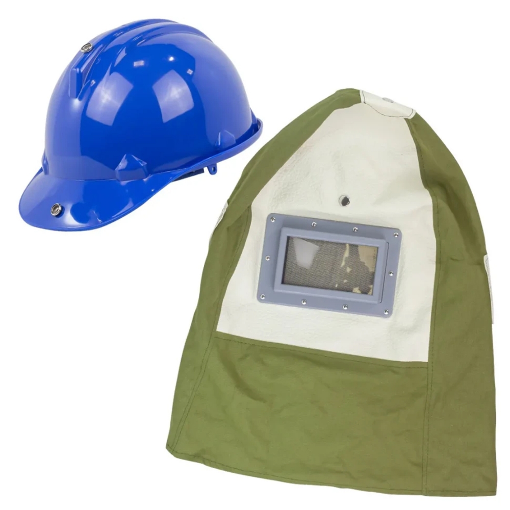 Capucha de protección para chorreado con casco azul y visor frontal BT15621