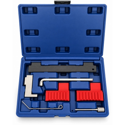 Kit de calado Opel 1.4, 1.6 y 1.8 gasolina con útiles de distribución organizados en maletín azul.