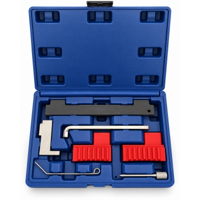 Kit de calado Opel 1.4, 1.6 y 1.8 gasolina con útiles de distribución organizados en maletín azul.
