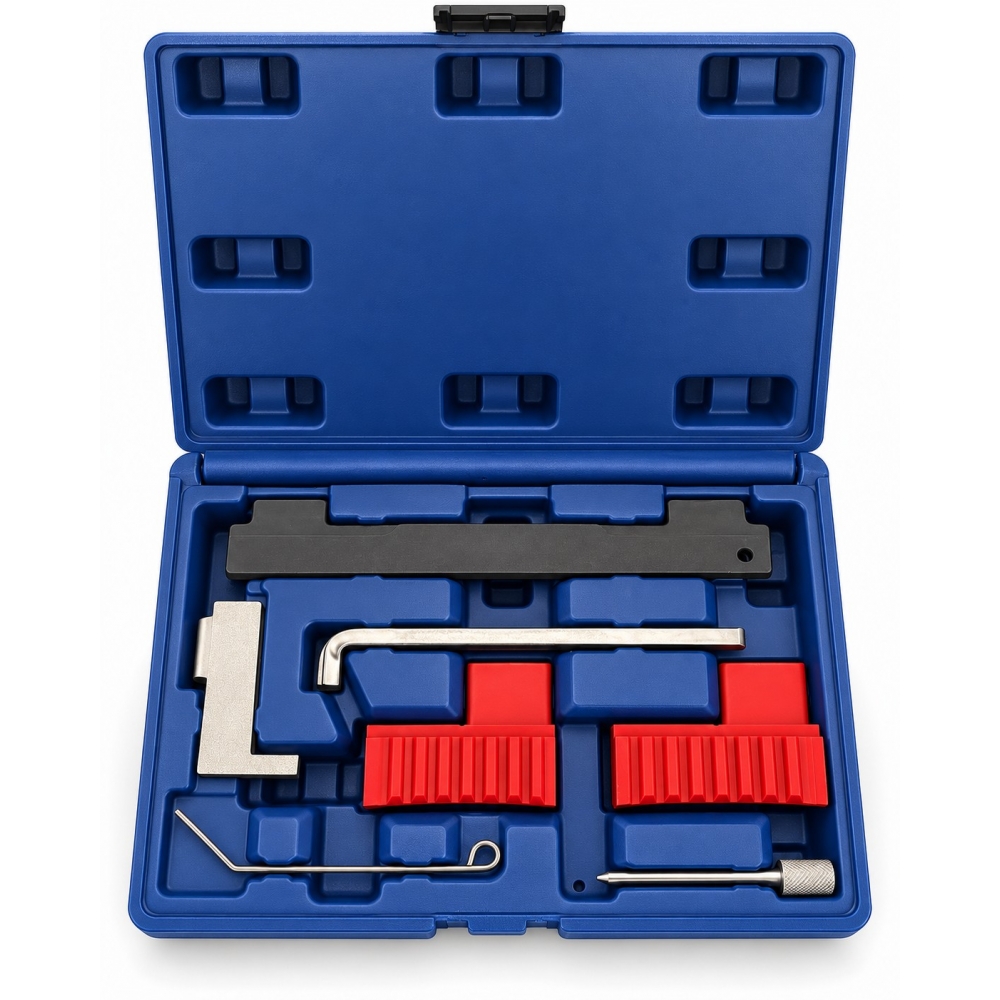 Kit de calado Opel 1.4, 1.6 y 1.8 gasolina con útiles de distribución organizados en maletín azul.