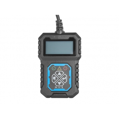 Vista frontal del lector OBD2 con pantalla LCD, botones de navegación e indicadores luminosos.