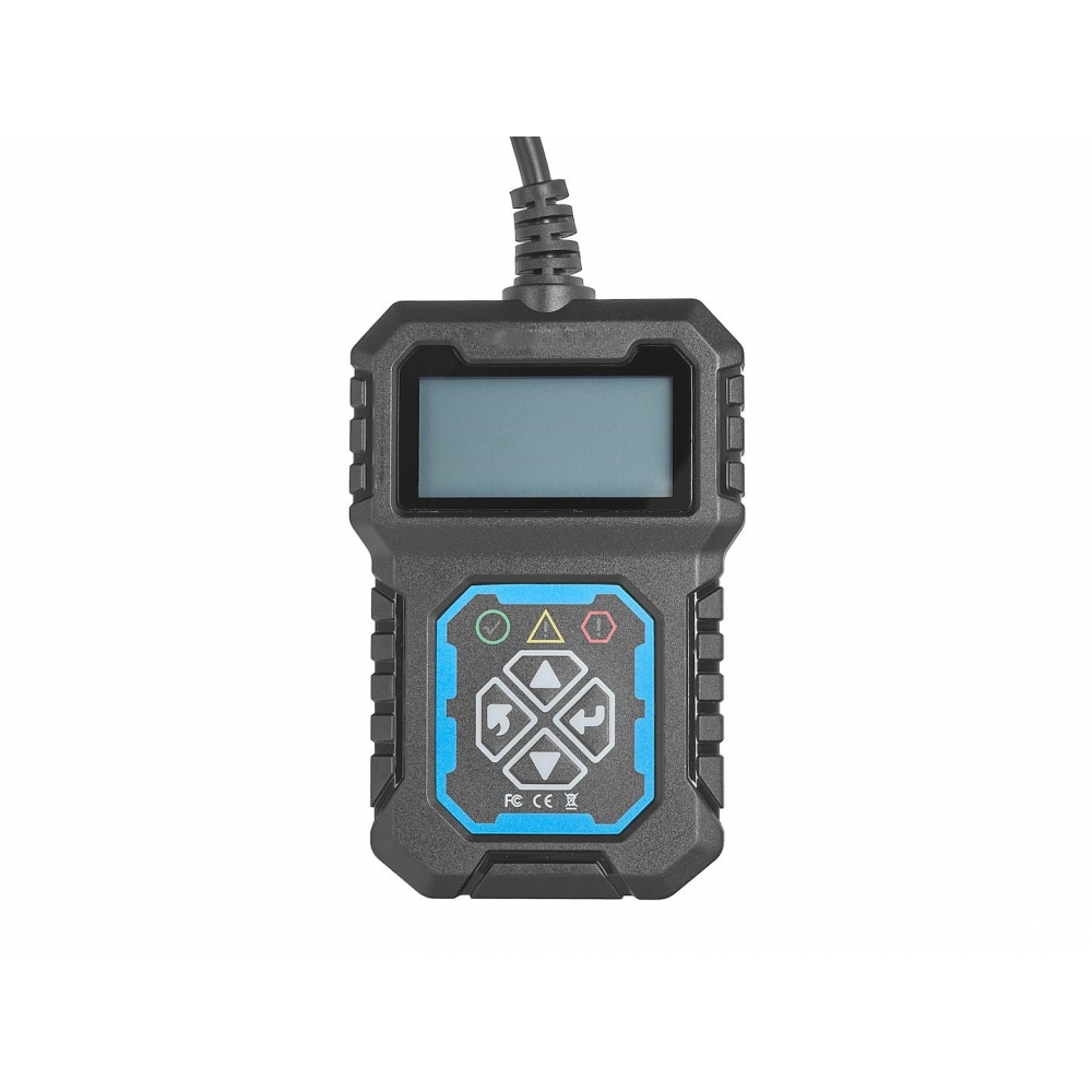 Vista frontal del lector OBD2 con pantalla LCD, botones de navegación e indicadores luminosos.
