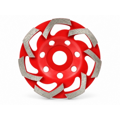 Copa diamantada roja de 125 mm con 8 segmentos tipo S y orificio central de montaje.