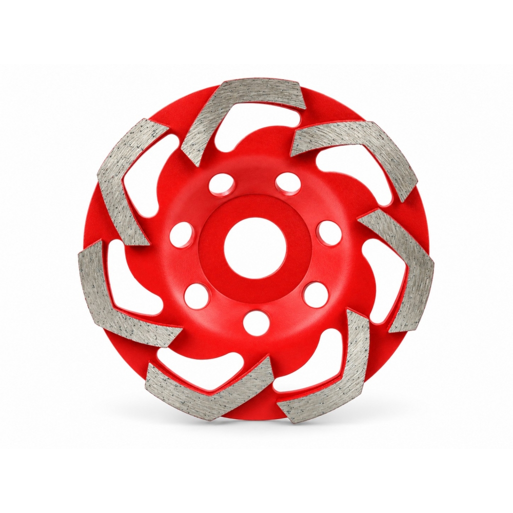 Copa diamantada roja de 125 mm con 8 segmentos tipo S y orificio central de montaje.