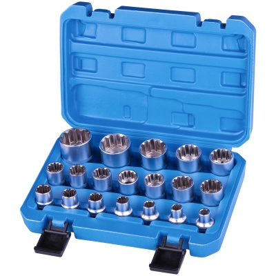 Juego de 19 vasos multiperfil de 1/2" ordenados por medidas en maletín azul abierto
