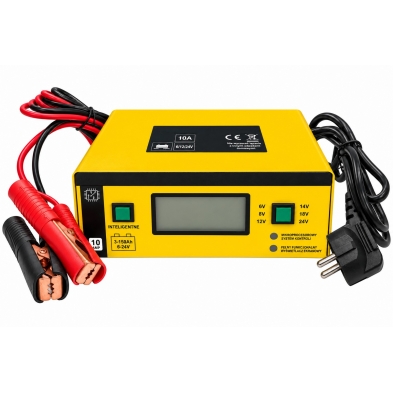 Cargador inteligente de baterías 6V 12V y 24V de 10A con pantalla LCD, pinzas roja y negra.