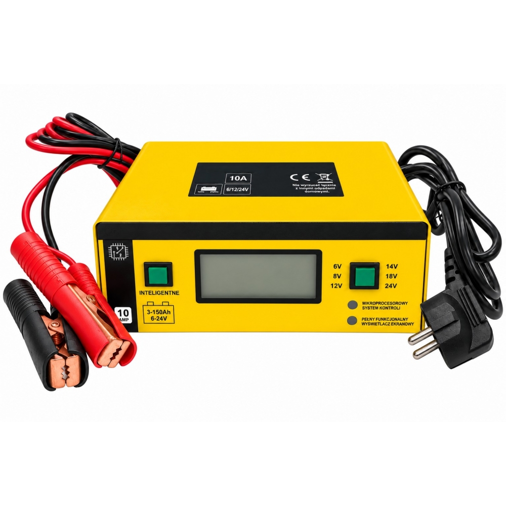 Cargador inteligente de baterías 6V 12V y 24V de 10A con pantalla LCD, pinzas roja y negra.