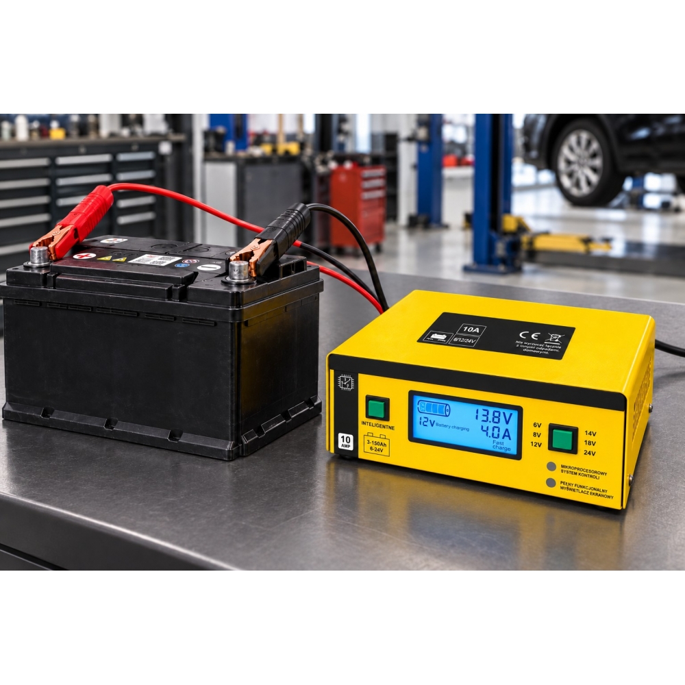 Cargador de baterías 6V 12V y 24V conectado a una batería de coche con pantalla LCD iluminada.