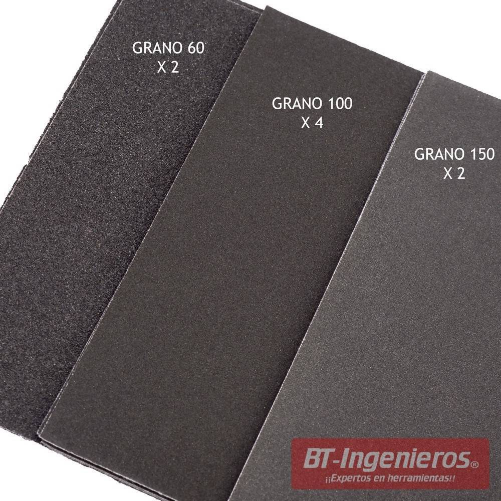 Pack de 8 hojas de lija de óxido de aluminio. Granos 60, 100 &150