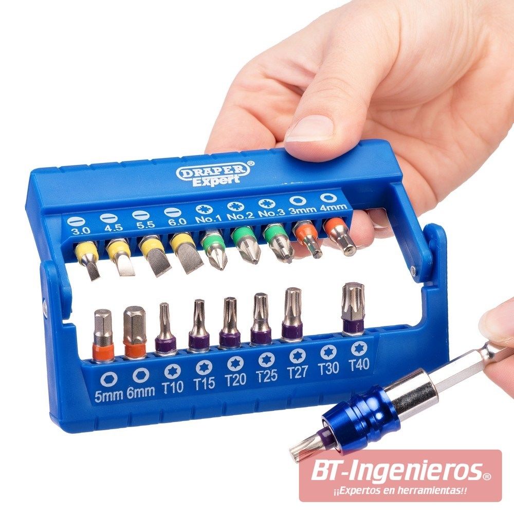 Kit con 19 puntas de colores Torx, Hexagonal, Pozydrive y planas